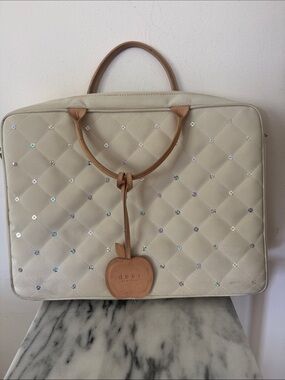 Abbi Cream Quilted Laptop Bag with Crystal Studs and Tan Trim